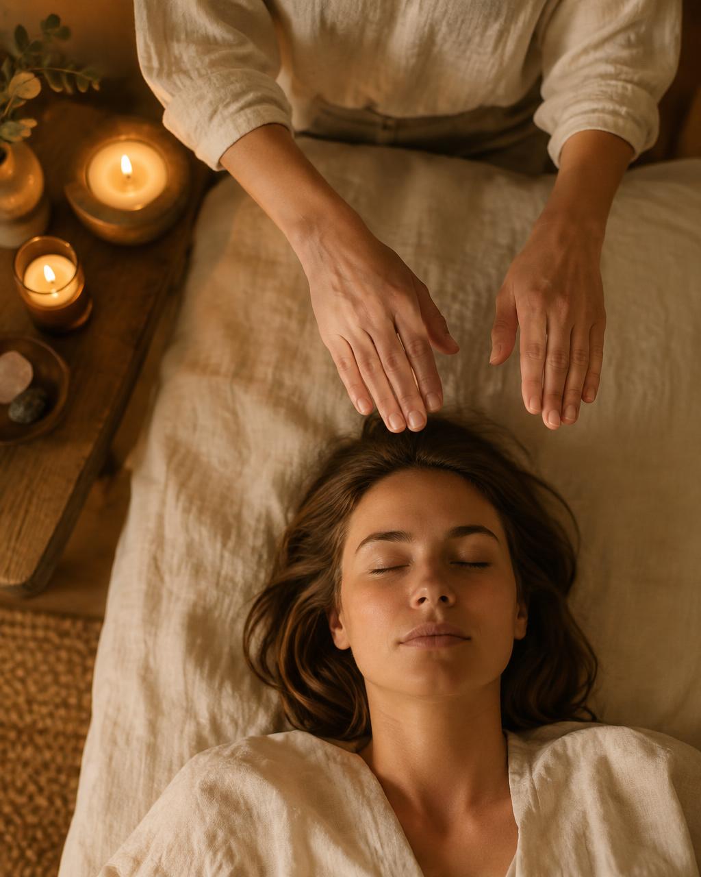 Hands in a reiki healing position over a relaxed client, warm candlelight